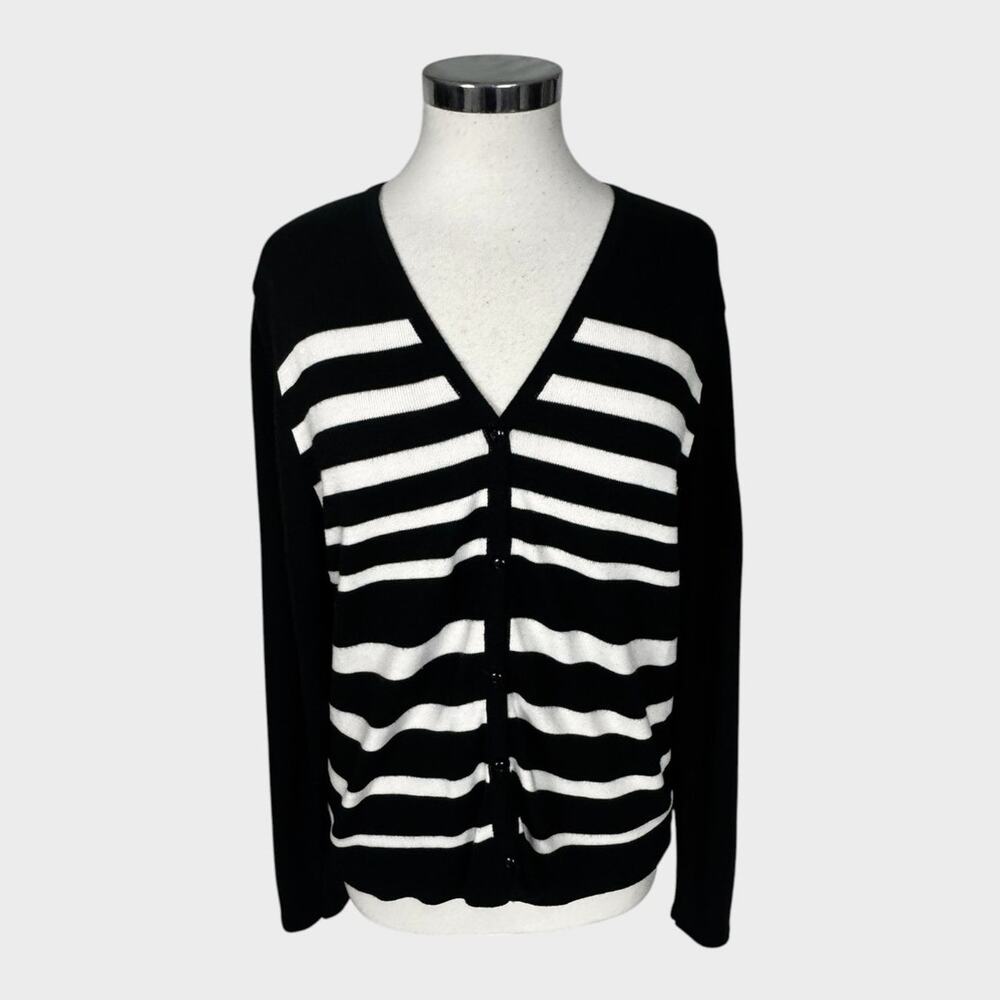 Sag Harbor Large V Neck Button Front Cardigan Sweater Black White Stripe